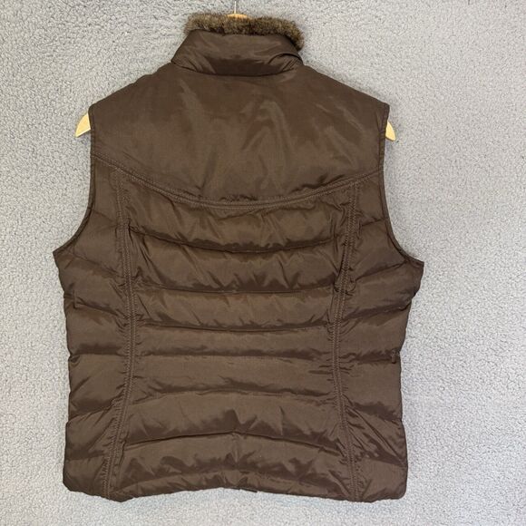 Eddie Bauer Puffer‎ Vest Womens L Brown Goose Down Zip Pockets Outdoor Faux Fur - Picture 5 of 7